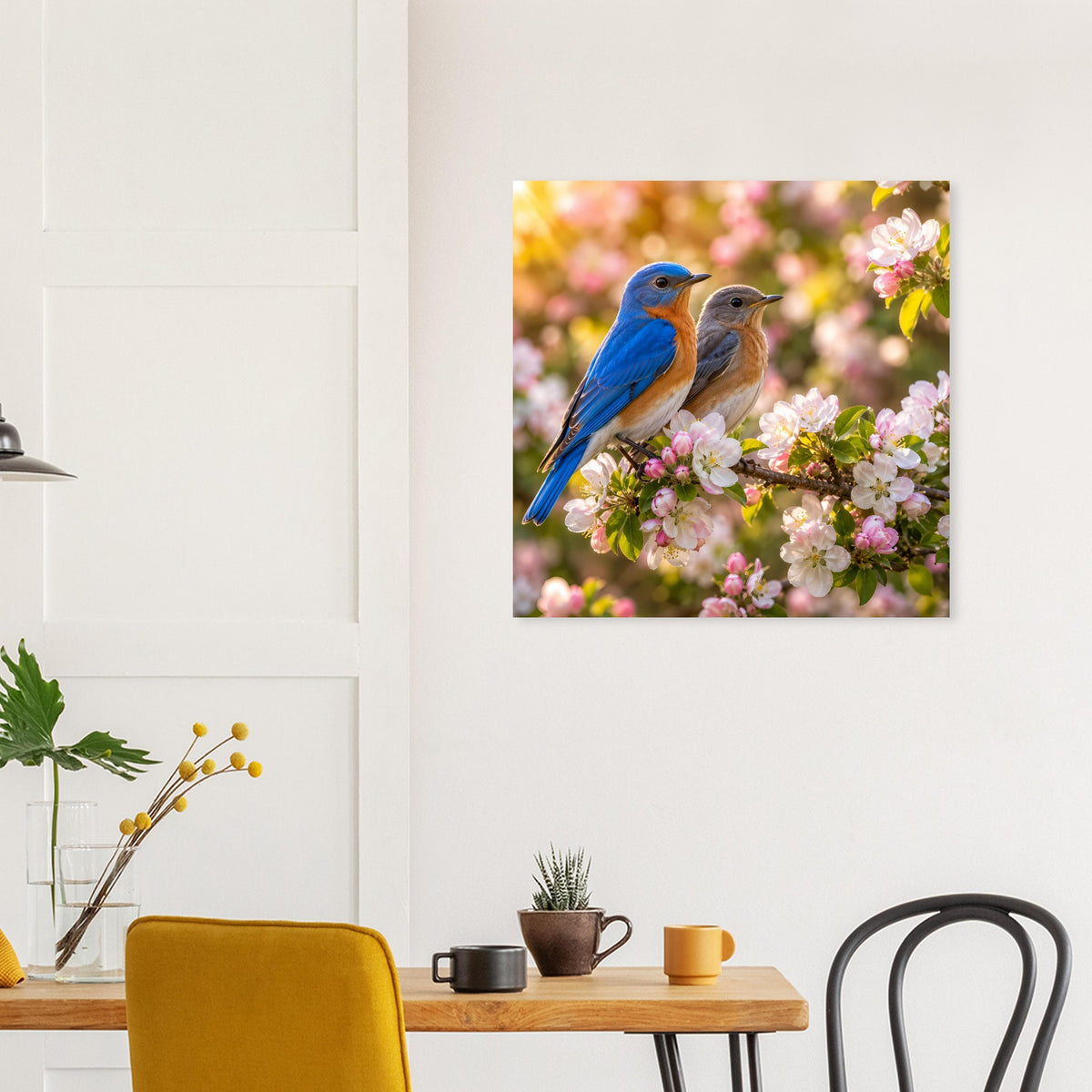 Quadratisches Wandposter mit zwei blauen Vögeln auf blühendem Zweig im Nahmotiv