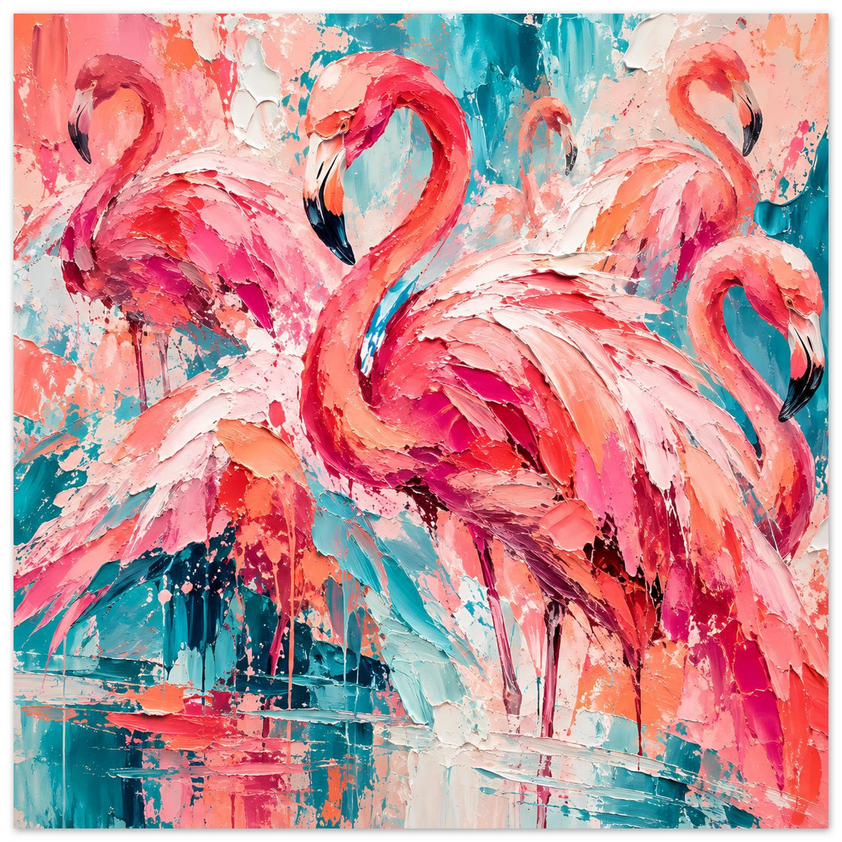 Flamingo-Kunstposter im Querformat, abstrakt gemalt in Pink, Türkis und Weiß