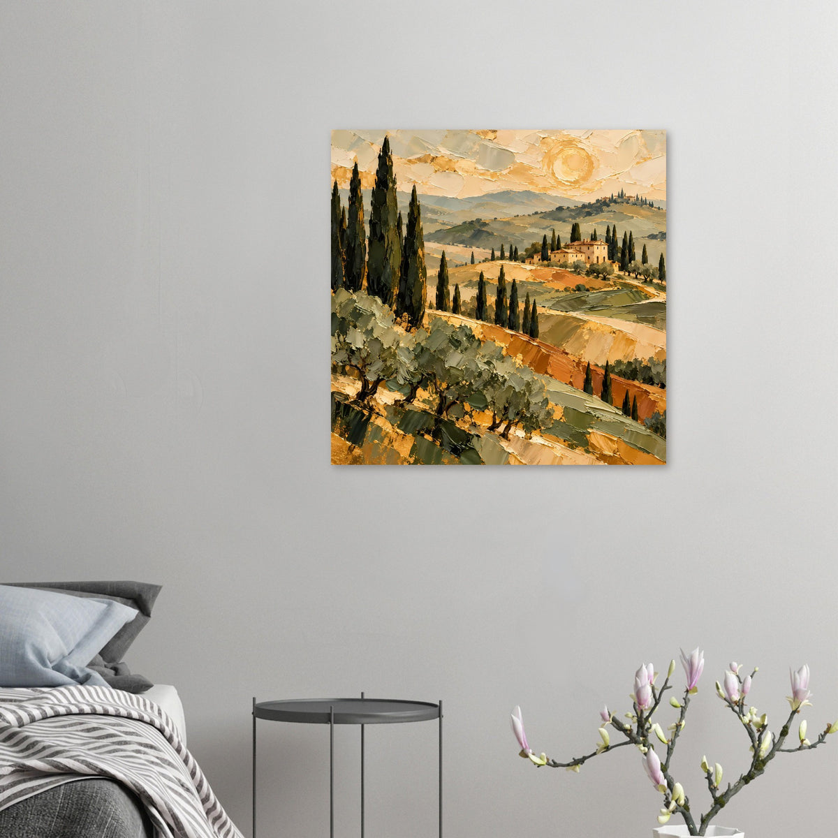 Goldtöniges Tuscan-Landschaftsposter, kleines Motiv: Hügel, Zypressen und Landhaus