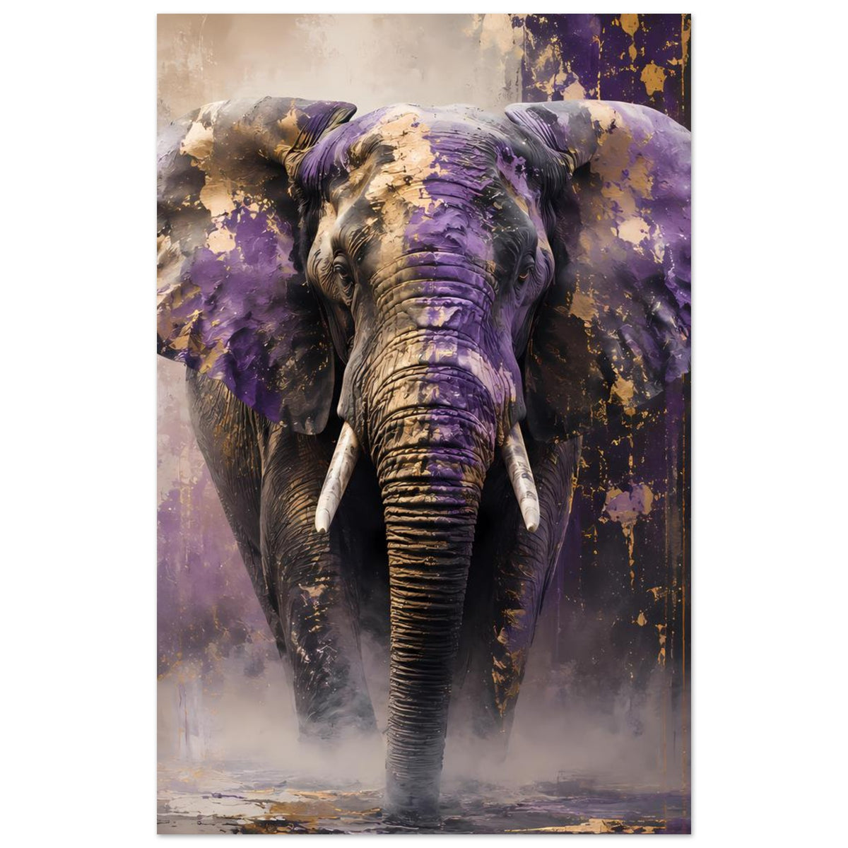 Tierposter Elefant in Violett und Gold, vergrößerte Darstellung von Kopf und Rüssel