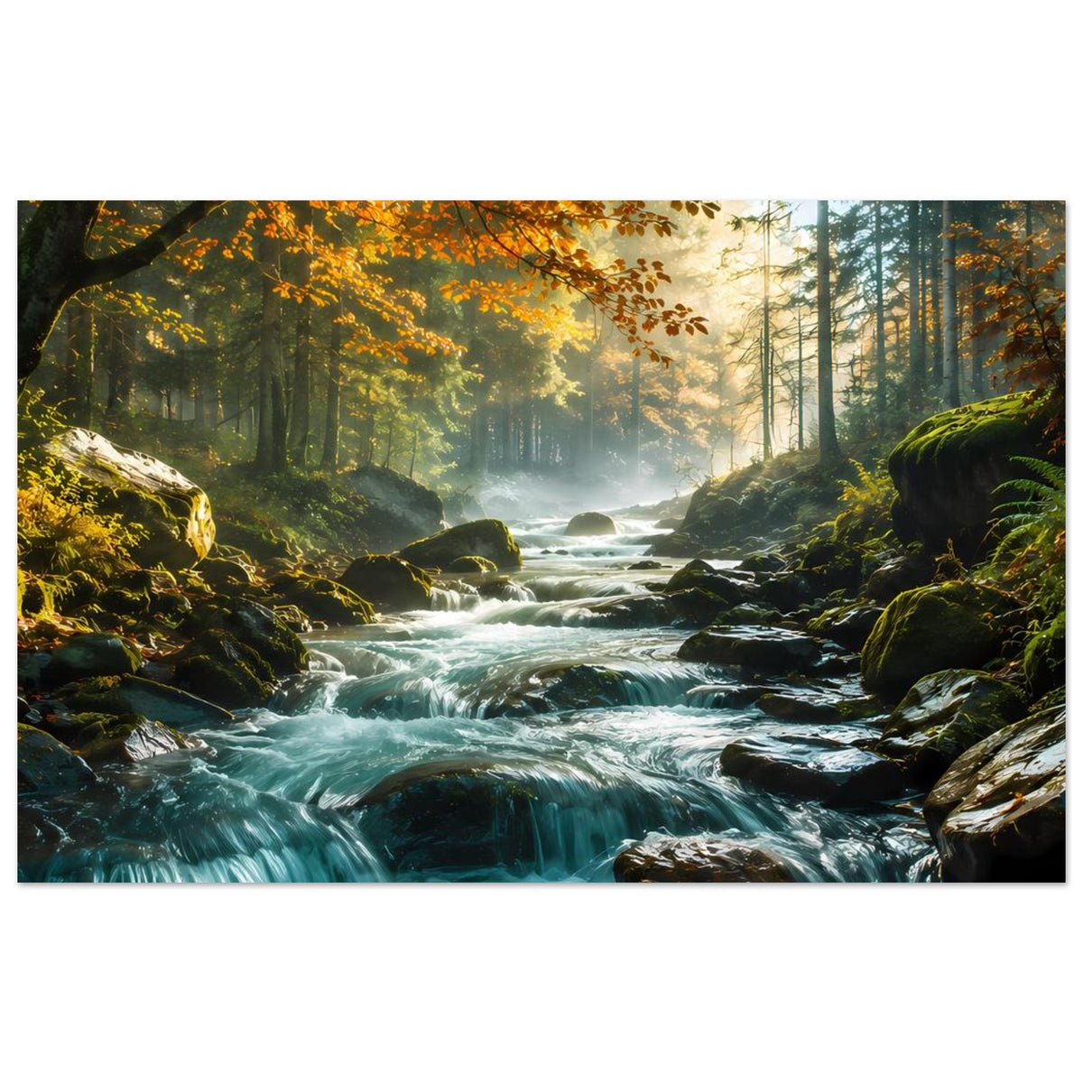 Wandposter im Querformat: Fluss mit Stromschnellen, Felsen und herbstlicher Waldszenerie