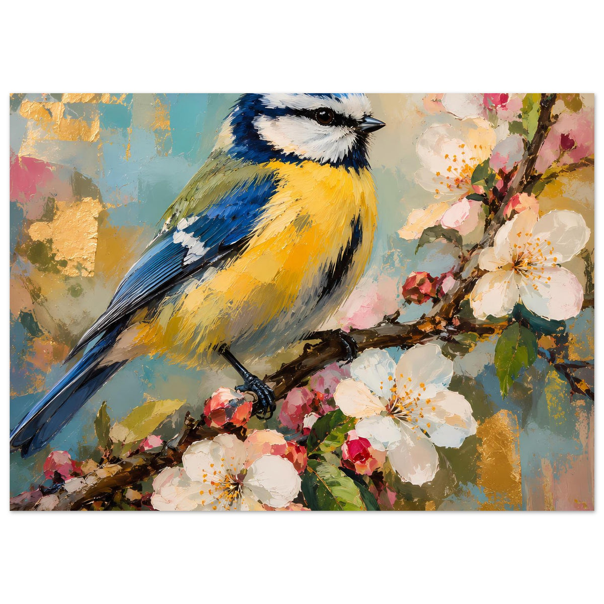 Vogelkunst-Poster Nahansicht: blauer und gelber Vogel auf blühender Astgabel mit weißen Blüten