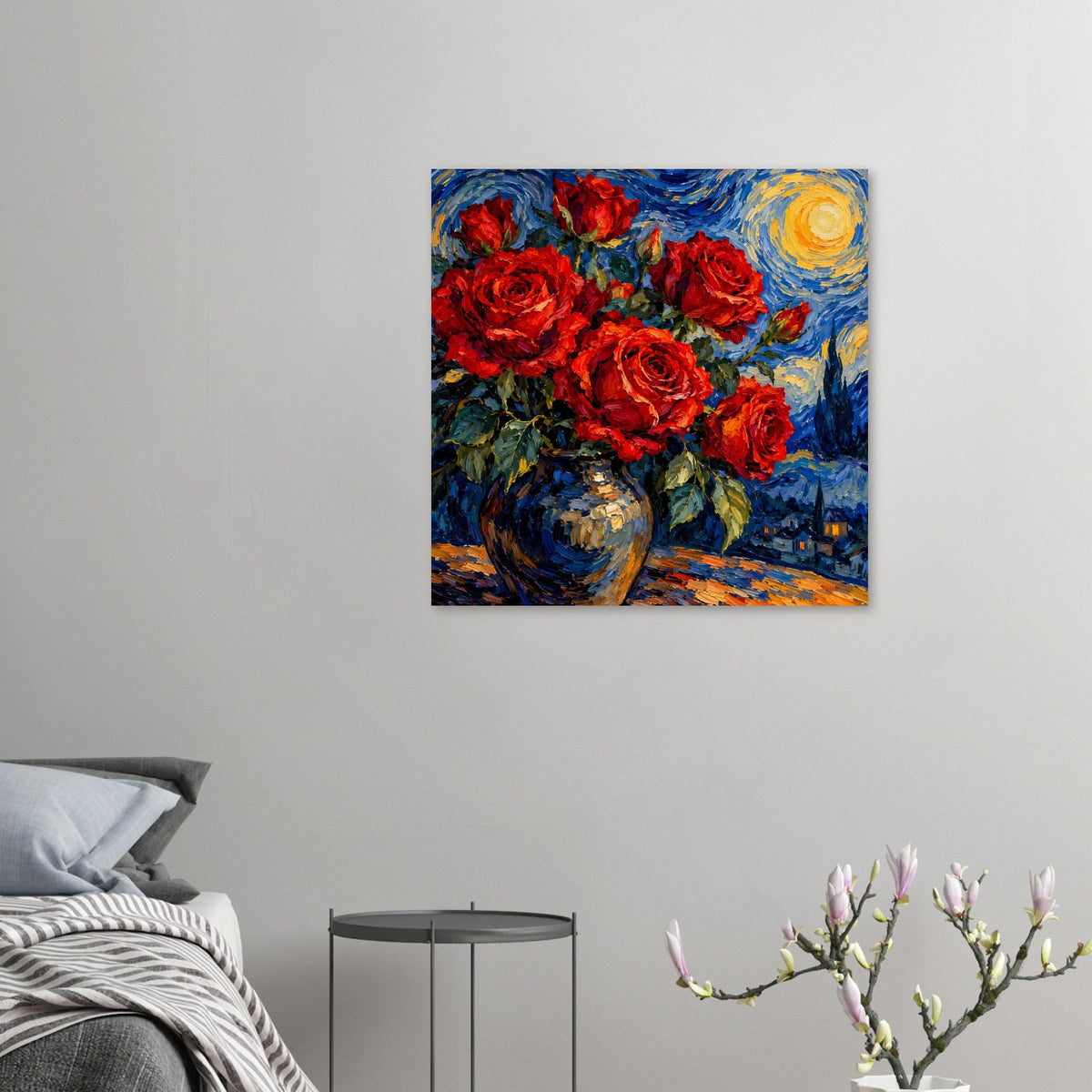 Kleines Wandposter mit rotem Rosenstrauß in Vase, blau-gelber Nachtstimmung