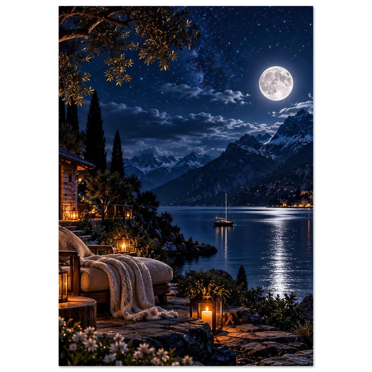 Vertikales Poster mit Mond über Bergsee, Boot im Wasser und beleuchtetem Uferhaus