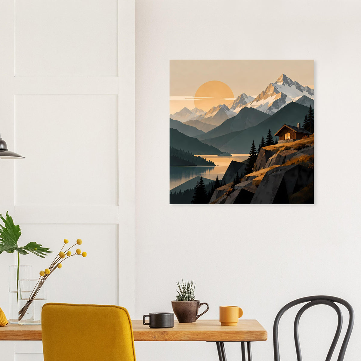 Quadratisches Poster mit Alpenpanorama, See und Hütte im Sonnenlicht