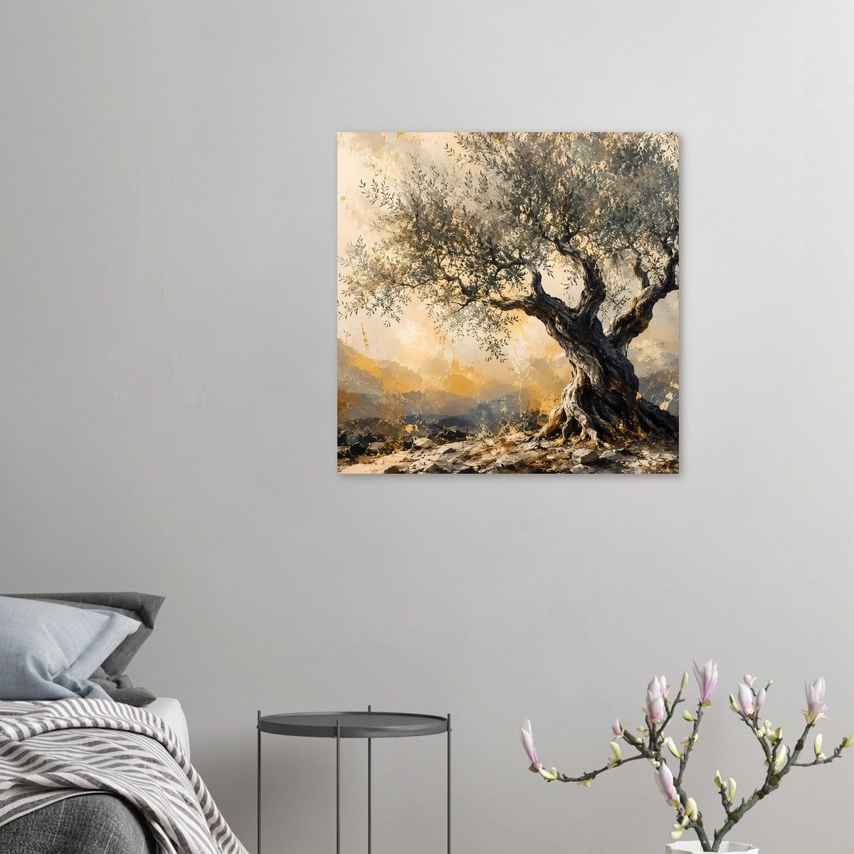 Kleines quadratisches Poster mit Olivenbaum, gelb-braunem Himmel und Felsen