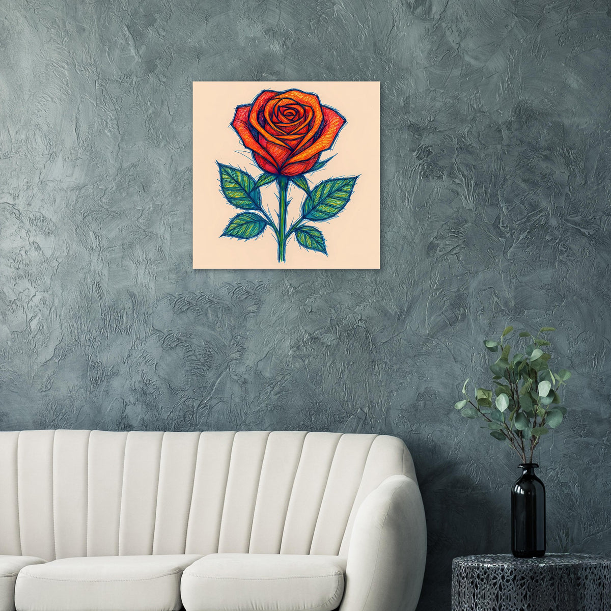 Rosenposter mit orange-roter Rose und grünen Blättern im Skizzenstil