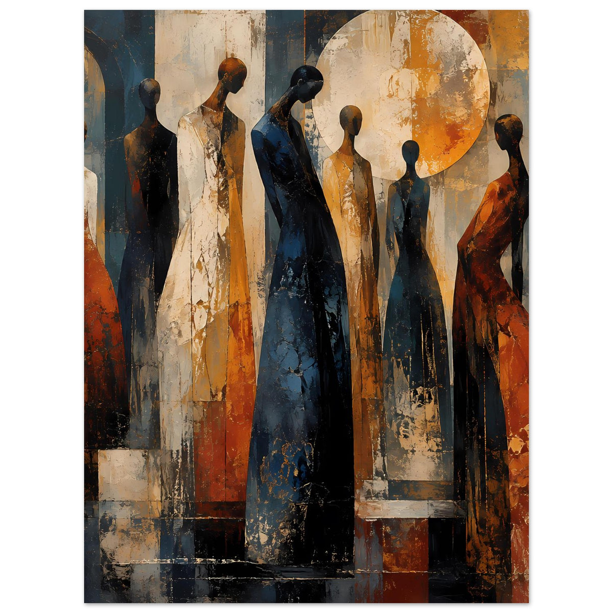 Abstraktes Figuren-Poster, warmes Farbspektrum, stehende Gestalten und orange Mondscheibe