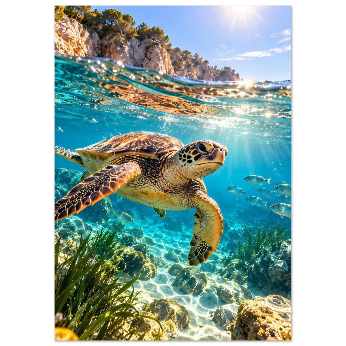 Poster: Meeresschildkröte über Korallen, Hochformat mit Sonnenlicht im Wasser