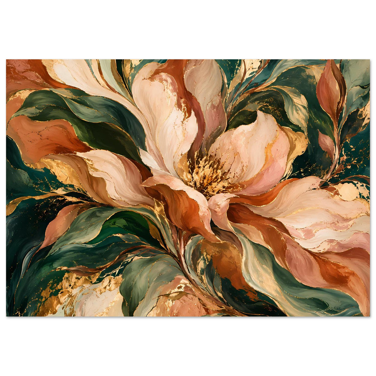 Blumenposter mit abstrakten Blüten und Blättern in warmen Herbstfarben, horizontal