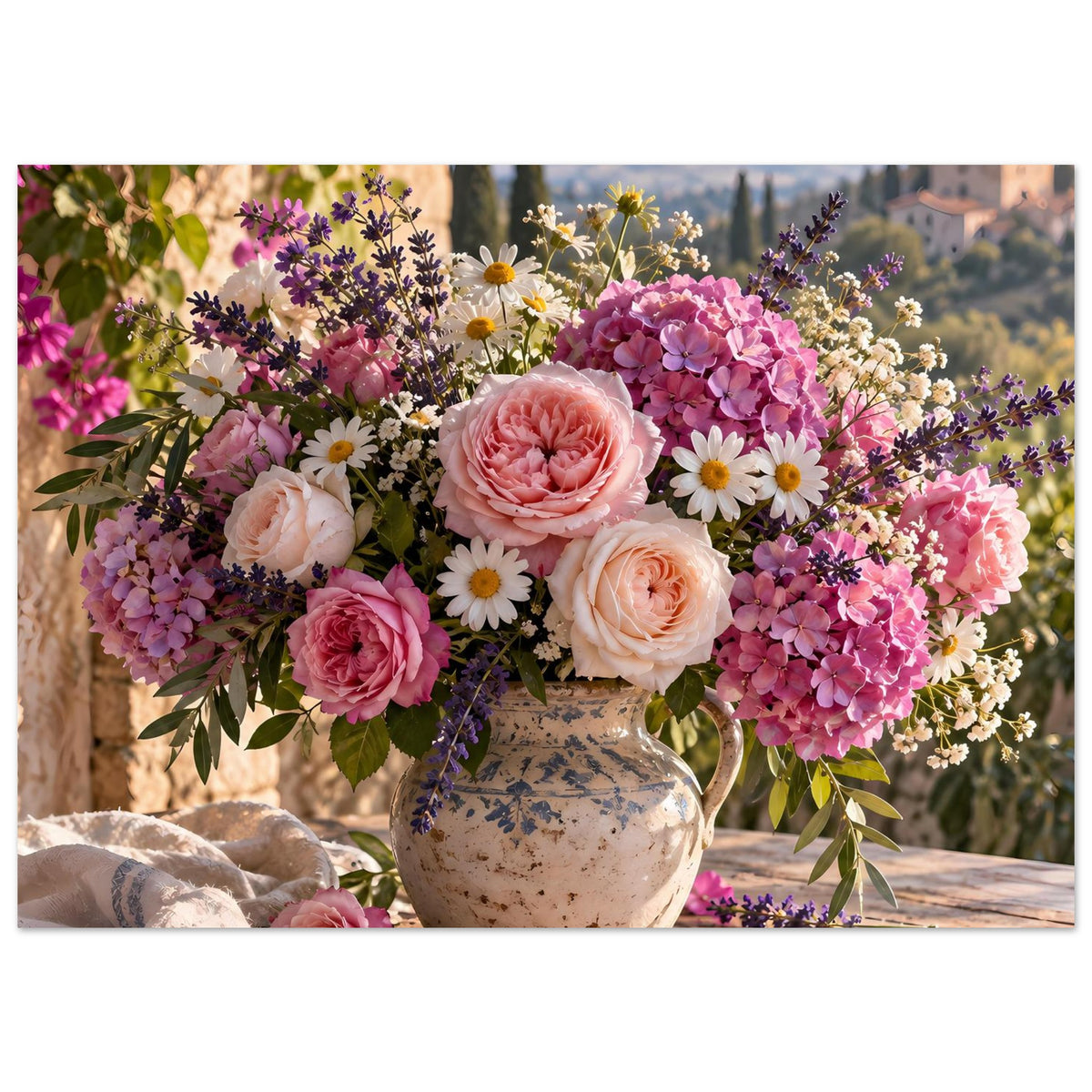 Blumenposter, großformatig: bunte Sommerblumen in Steinvase, Nahansicht