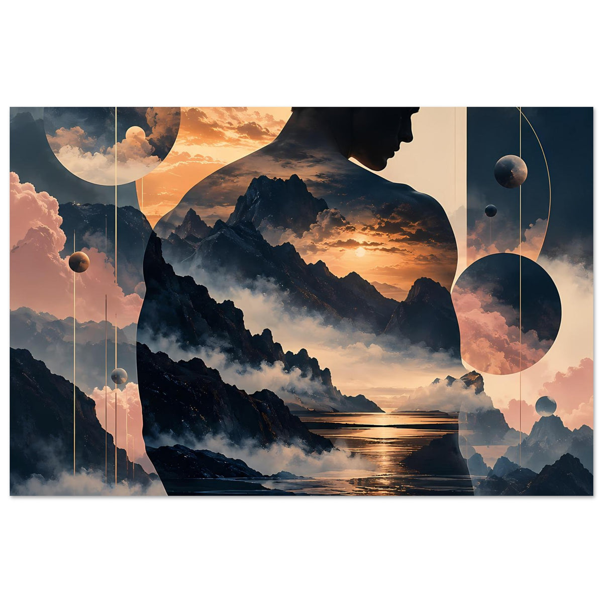 Horizontales Poster: Männerprofil vor Berglandschaft, warmes Sonnenlicht am Horizont, Planeten