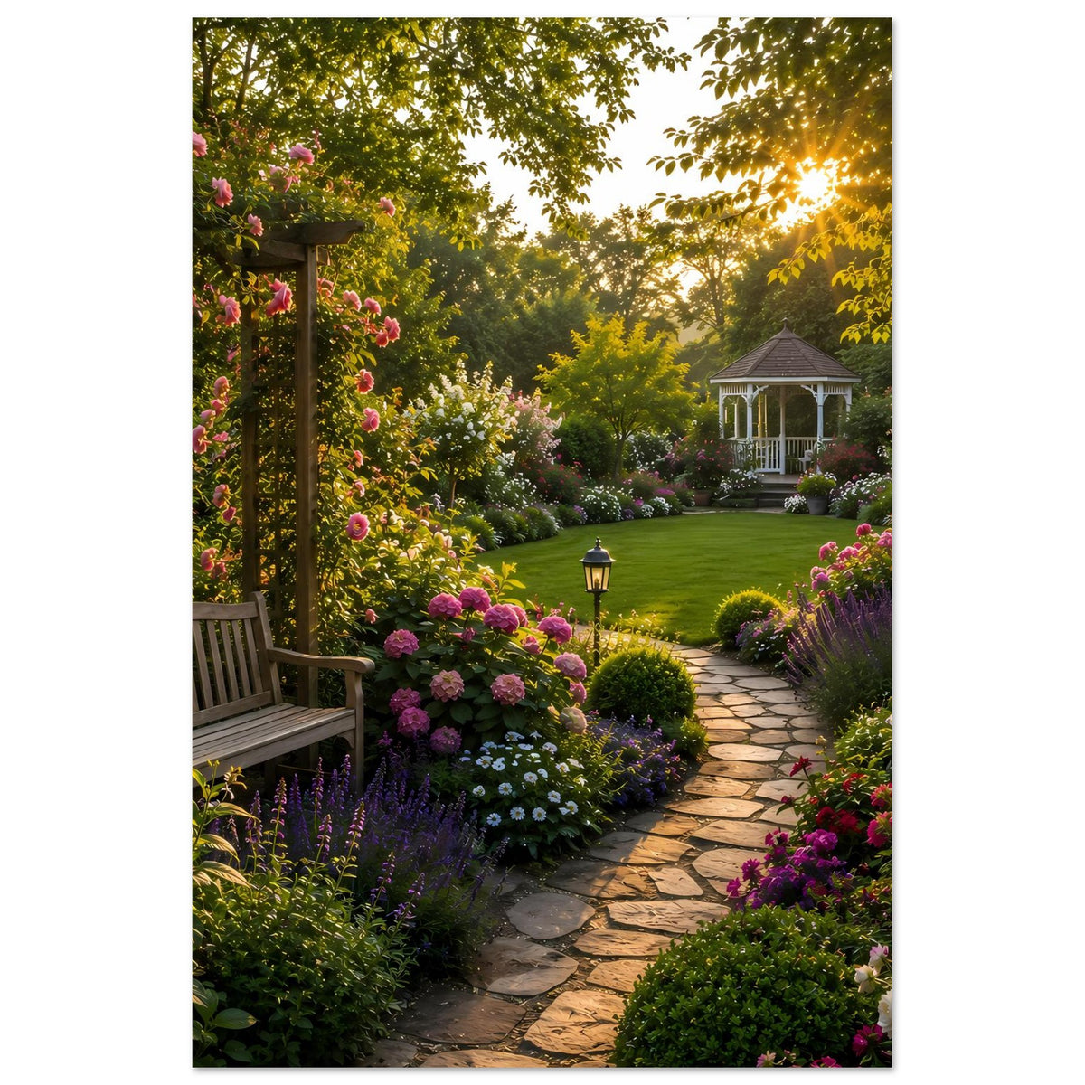 Vertikales Gartenposter mit blühenden Sträuchern, Gartenweg und Pavillon bei Abendsonne