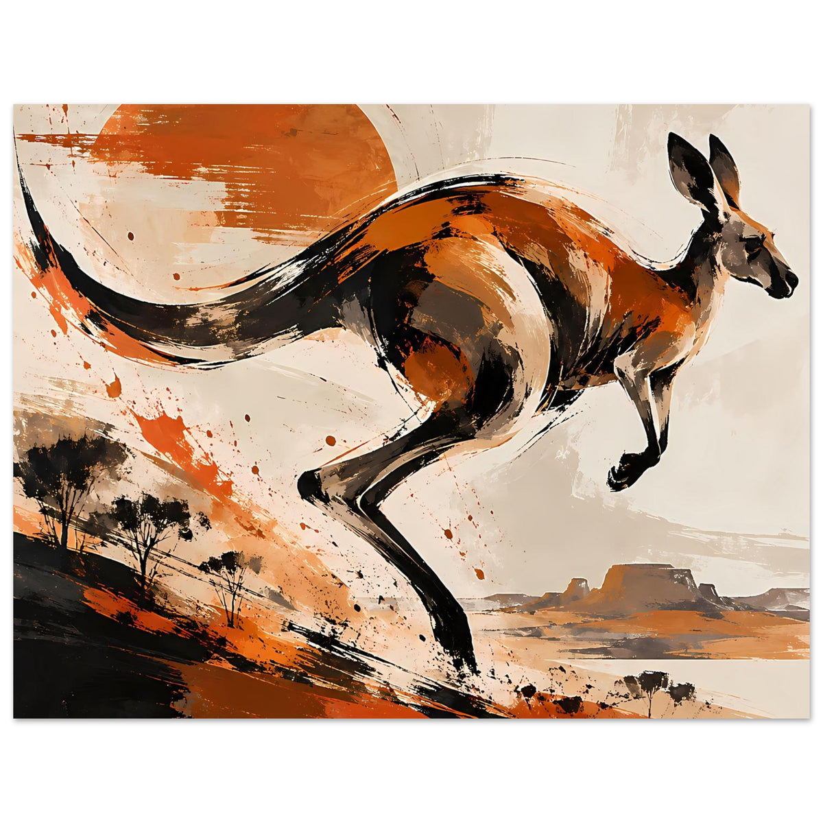 Tierposter mit Känguru im Sprung, abstrakte Gestaltung in warmen Erdtönen und Dunkelbraun.