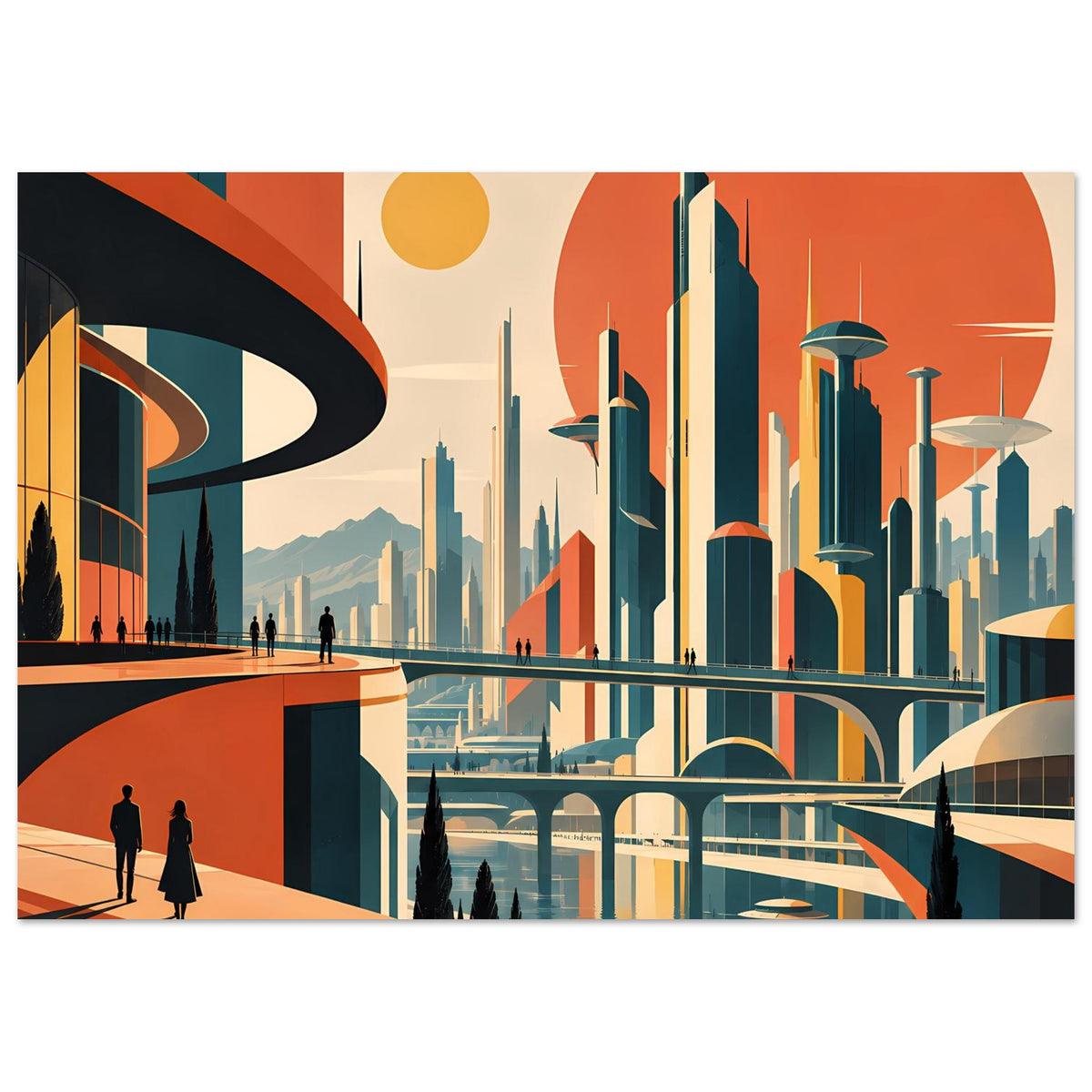 Wandposter mit futuristischer Stadt-Skyline, gebogenen Brücken und großen geometrischen Bögen