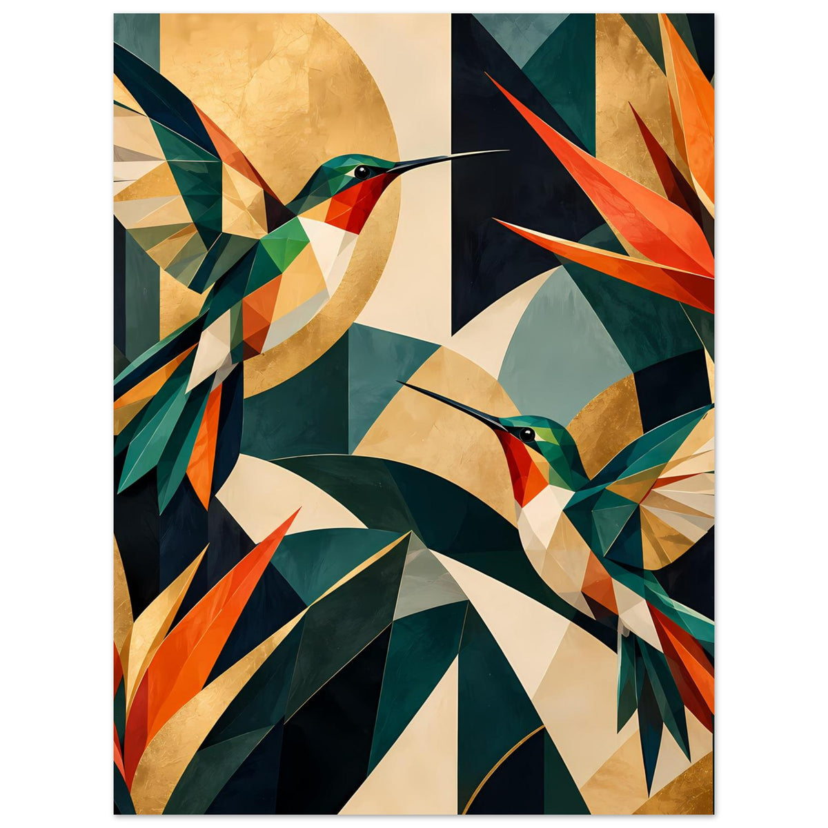Vertikales Kunstposter mit geometrischen Kolibris, Farbfelder in Grün, Orange, Creme und Dunkelblau