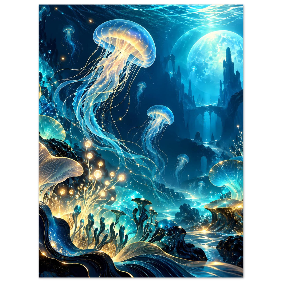 Unterwasserwelt-Poster mit zwei Quallenformen, Blasenmeer und goldenen Strahlen im Blau