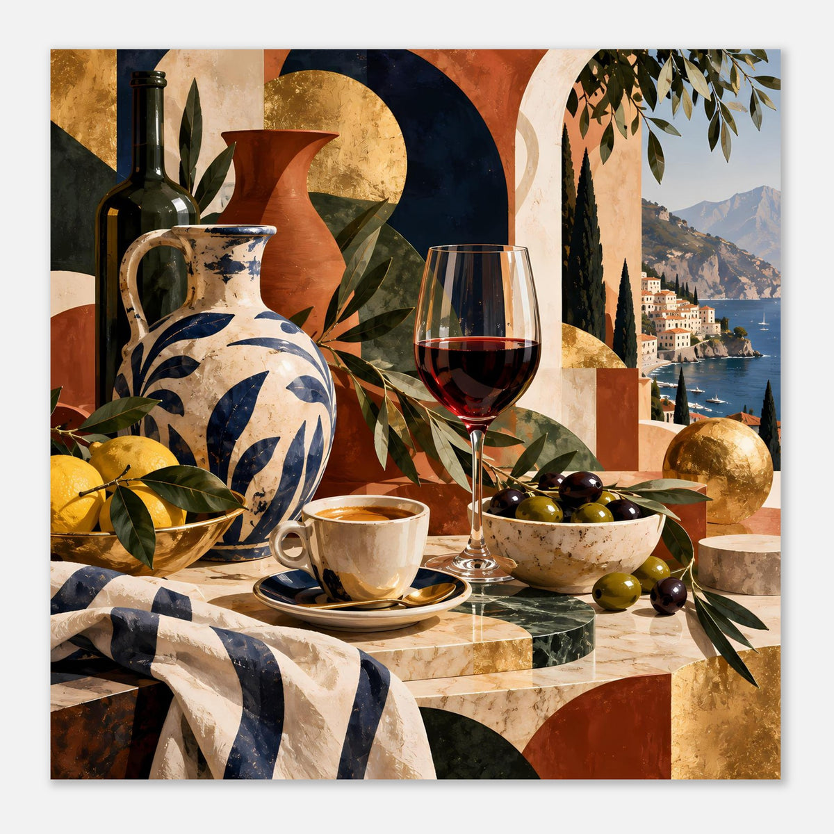 Mediterranes Poster im quadratischen Zuschnitt: Weinglas, Vase und Olivenschale