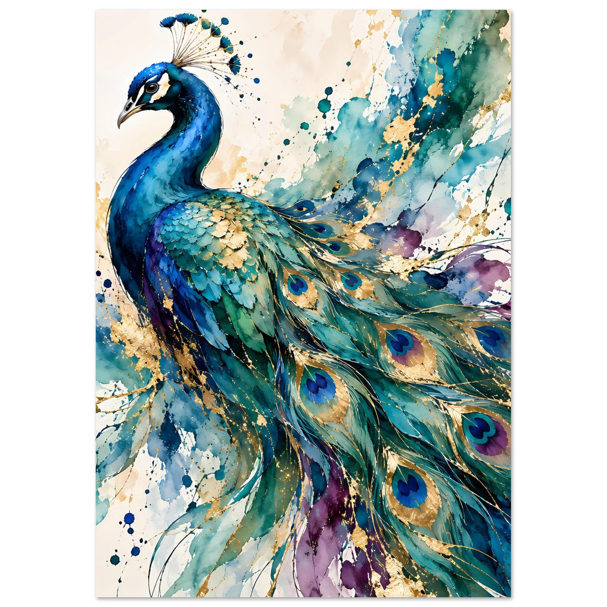 Aquarell-Poster mit blauem Pfaukopf, ausladendem Gefieder in Grün, Blau und Violett