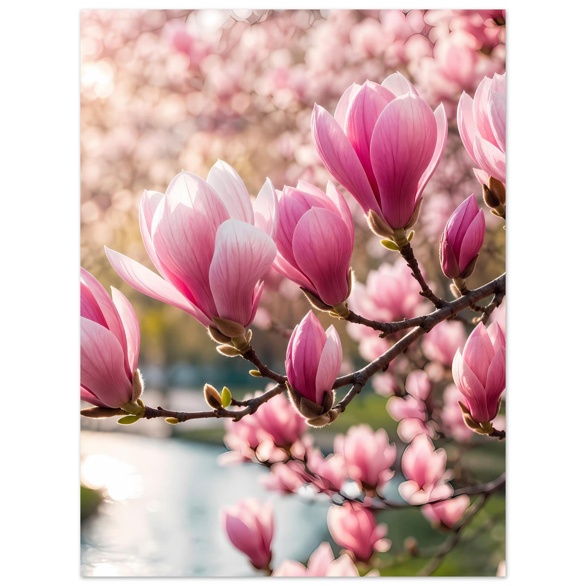 Blumenposter mit Magnolienblüten an Zweig, rosa und weiß, eng zugeschnittenes Motiv
