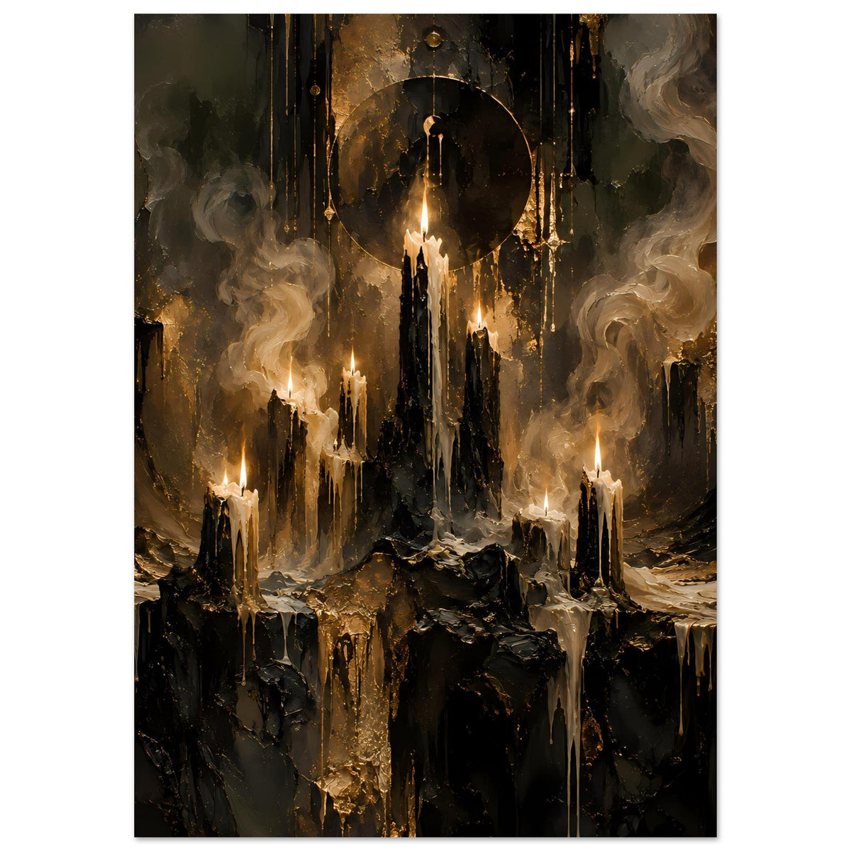 Fantasy-Poster im Hochformat mit goldenen Kerzenflammen, Rauch und dunklem Steintunnel
