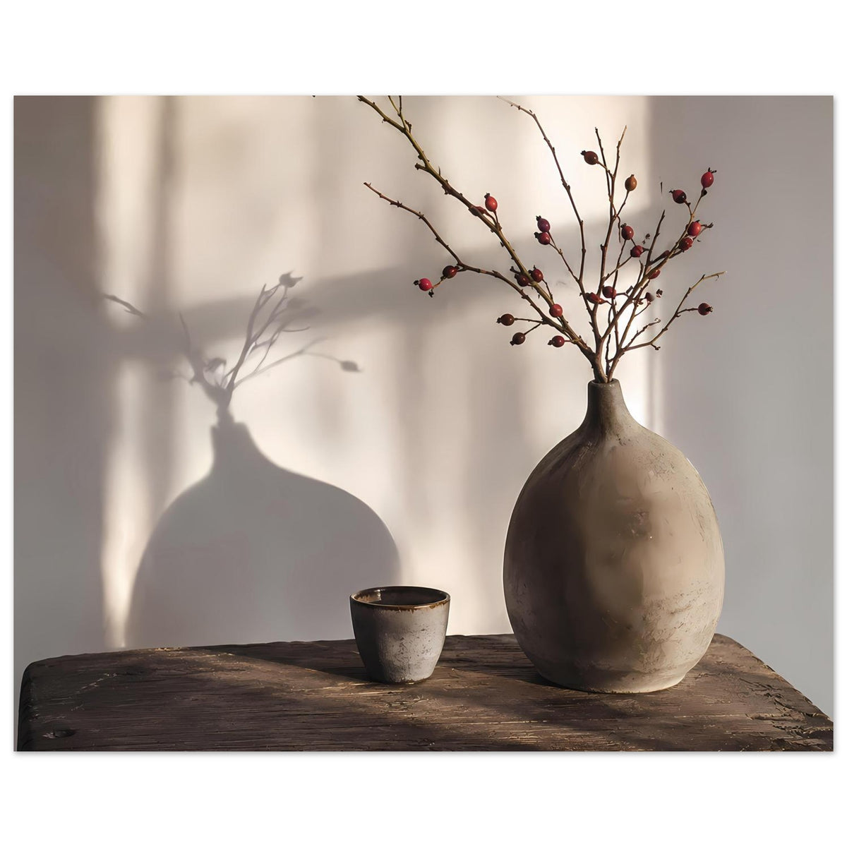 Still-Life-Poster: große Vase mit Beerenzweigen, Tasse davor auf Holzplatte