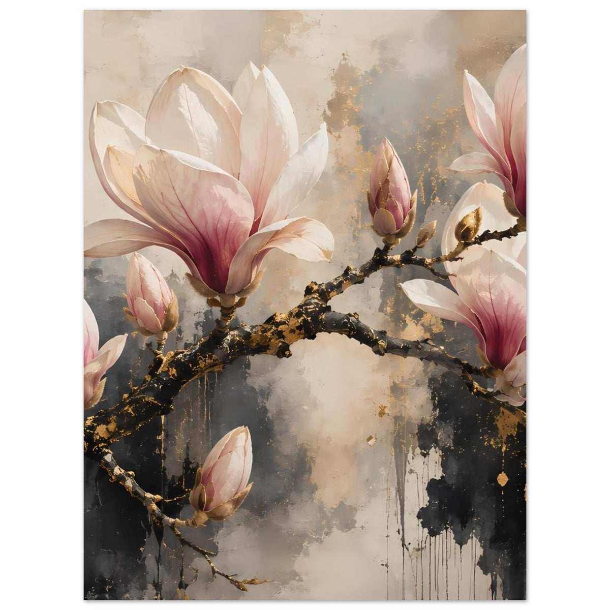 Magnolienblüten-Poster mit goldfarbenem Ast, rosa-weißen Blüten und gestreiftem, rußigem Hintergrund.
