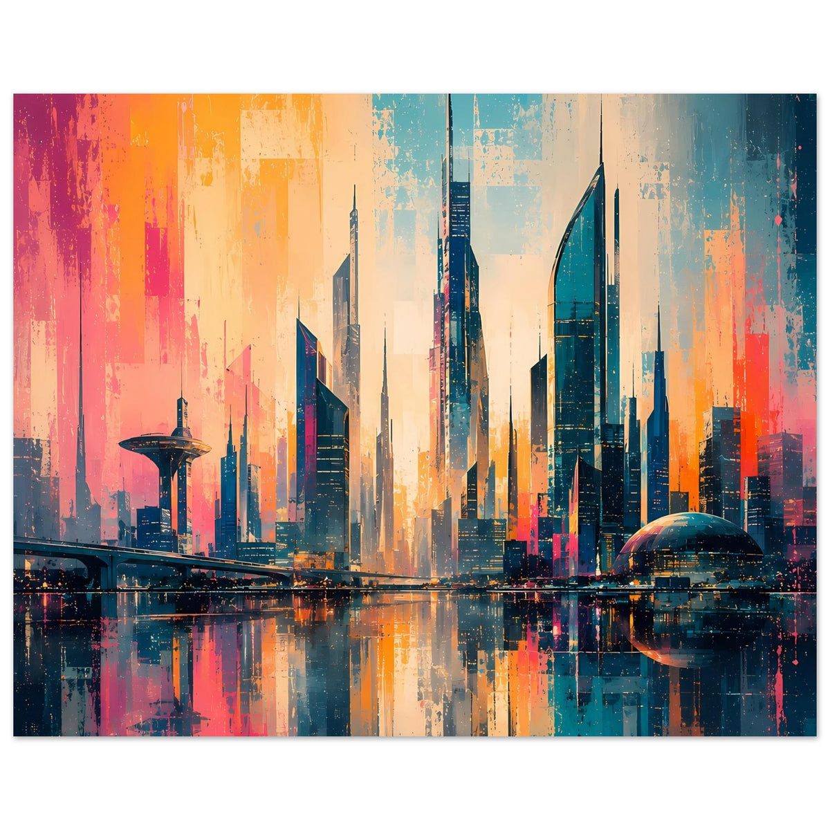 Stadtposter mit breiter Skyline, dunklen Türmen, Kuppel und Spiegelung im Wasser