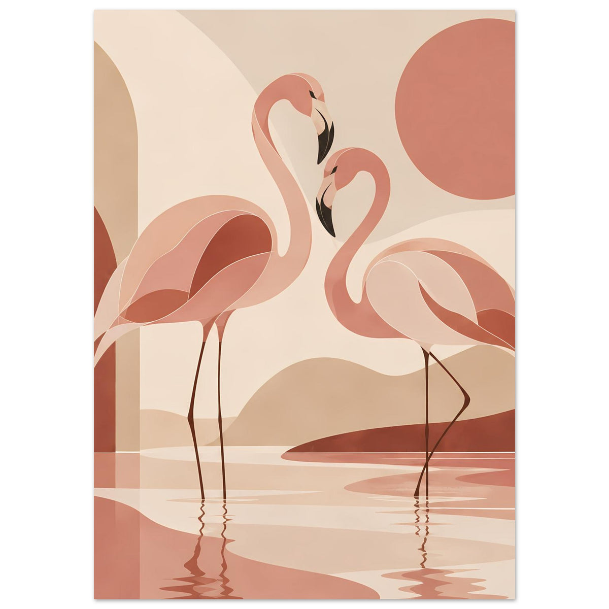 Naturposter mit zwei Flamingos und Wasserreflexion, warmes Boho-Farbdesign mit Kreisen