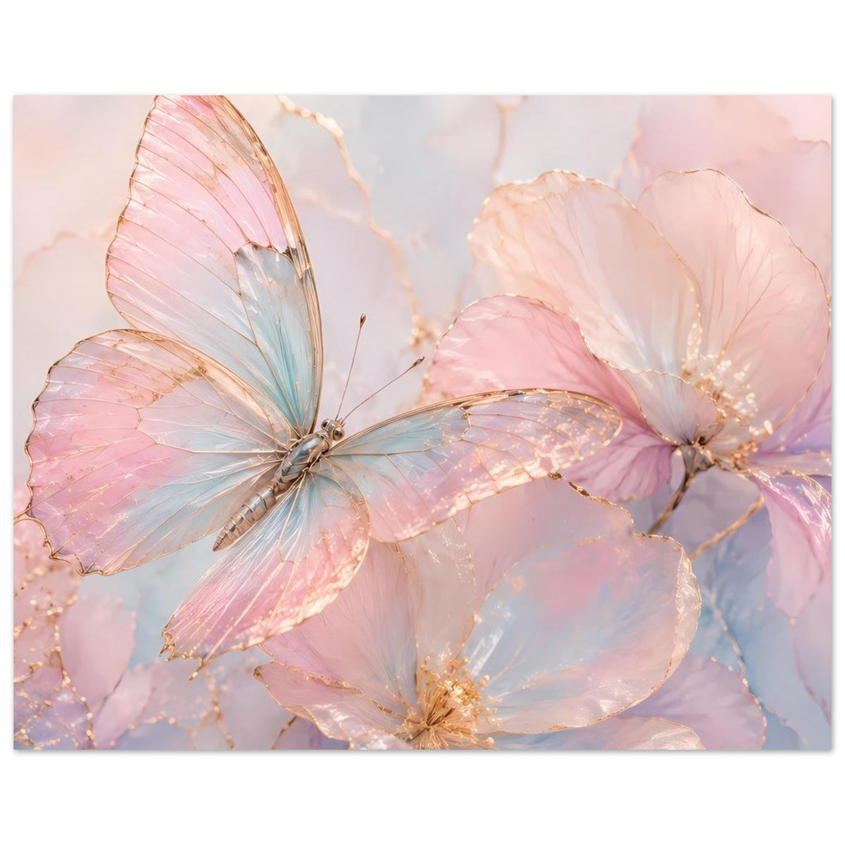 Aquarell-Poster mit Schmetterling und goldenen Akzenten in Rosa- und Blautönen