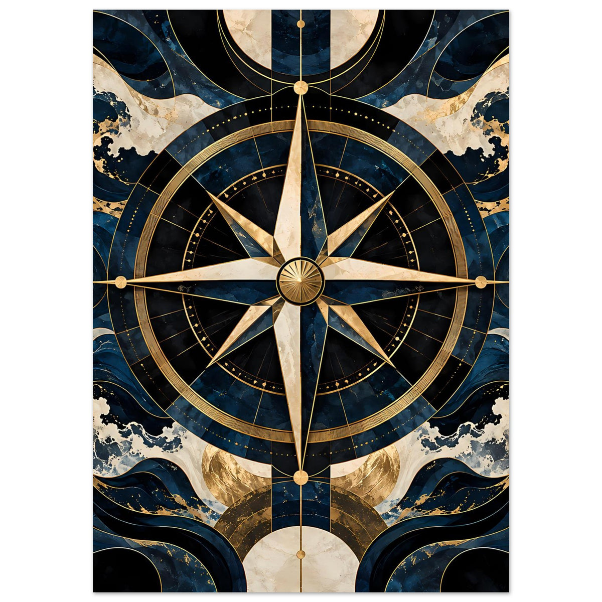 Maritimes Navigationsposter: goldener Kompass im Zentrum mit blauen Kammwellen