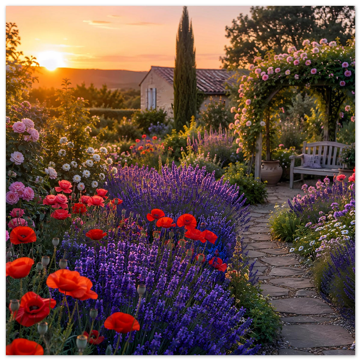 Gartenposter mit Lavendel- und Mohnblumen im blühenden Garten bei Sonnenuntergang