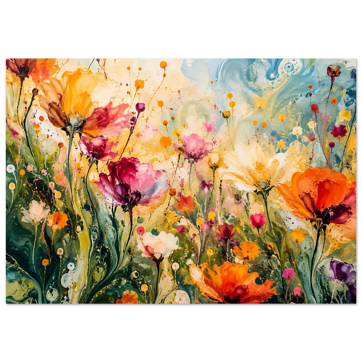 Blumenposter im Querformat mit bunten abstrakten Blüten und grünen Stängeln
