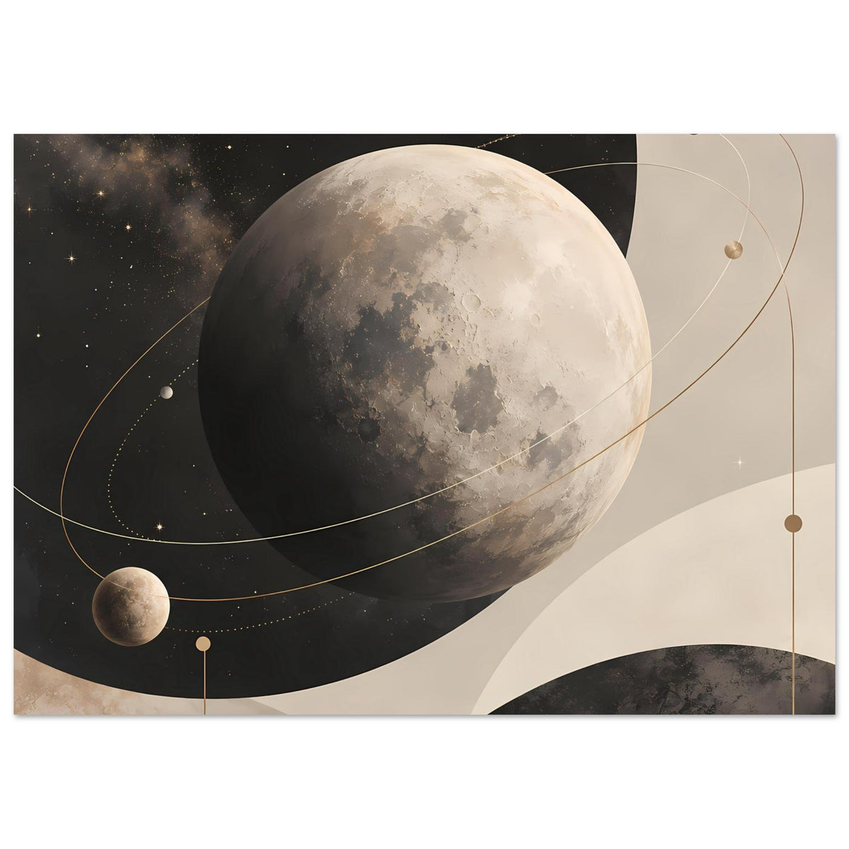 Abstraktes Poster mit großem Mond, Sternen und goldenen Bahnen in Erdtönen.