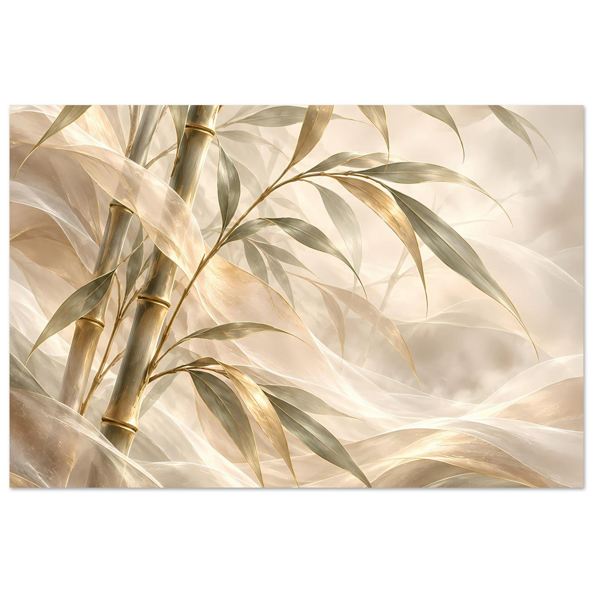 Bambus-Poster mit Bambusstangen und -blättern, Gold- und Elfenbeinton, horizontal