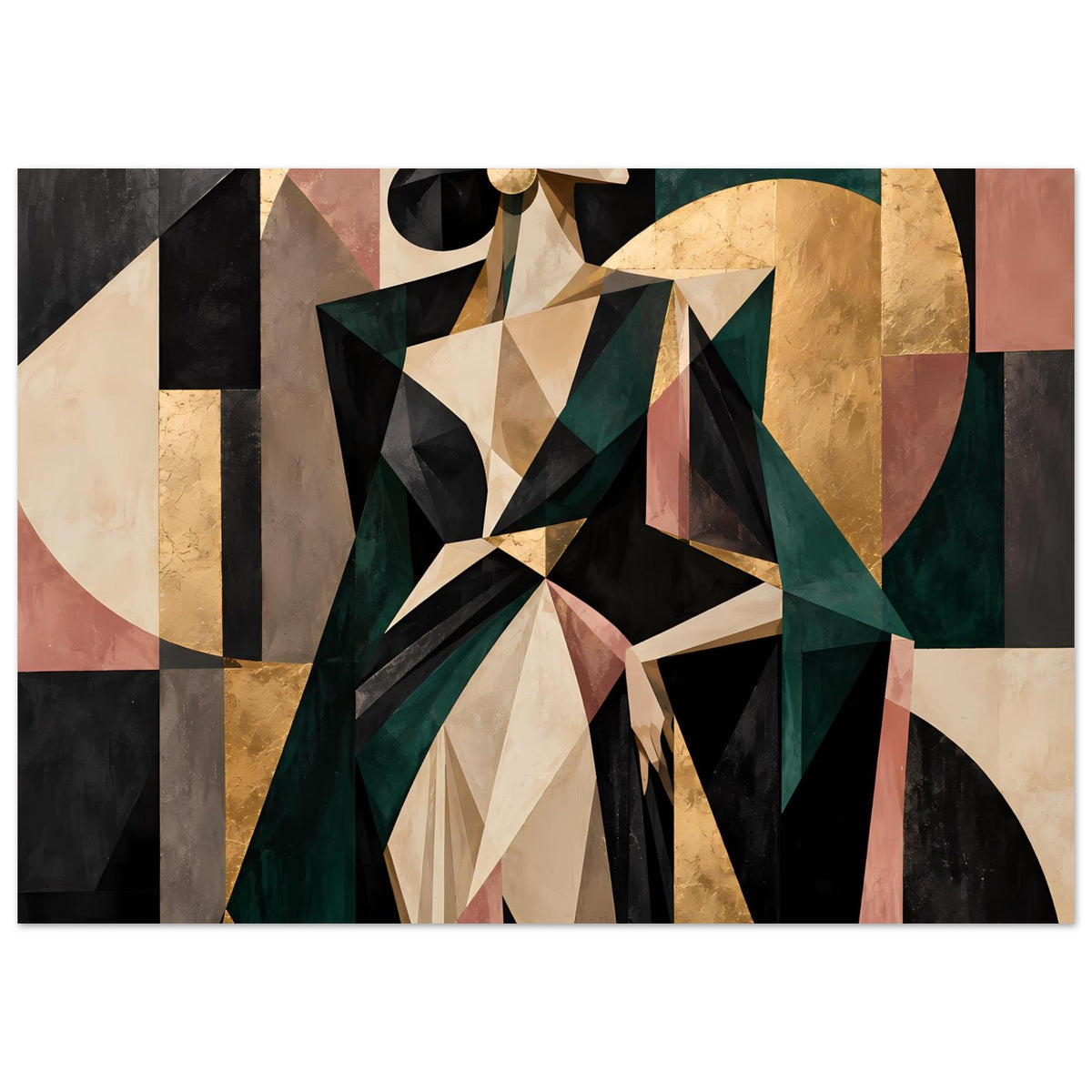 Abstraktes Poster im Querformat mit geometrischem Porträt in Olivgrün und Gold