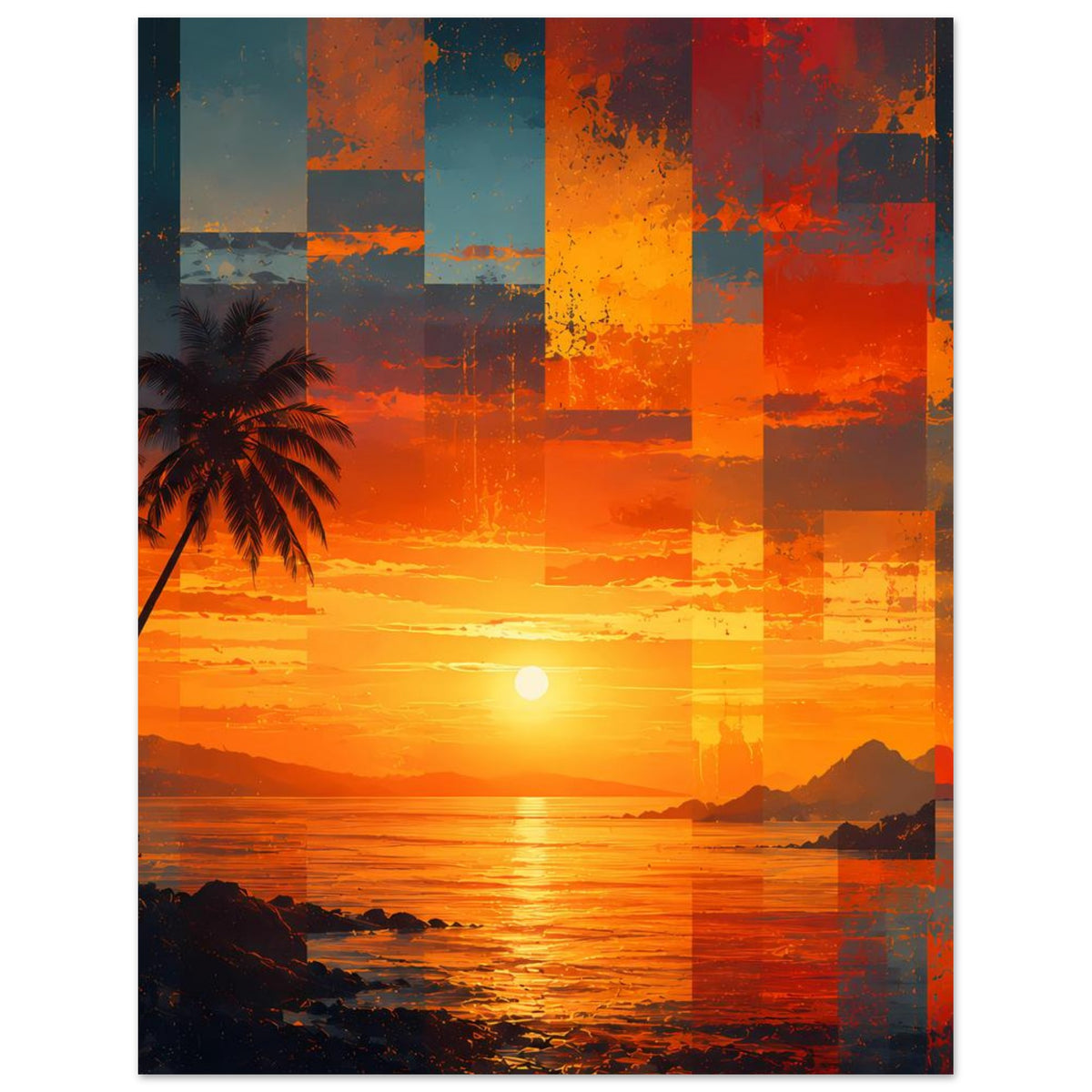 Kunstposter mit tropischem Sonnenuntergang, Palmenbaum links, Sonne über ruhigem Meer und Farbquadraten