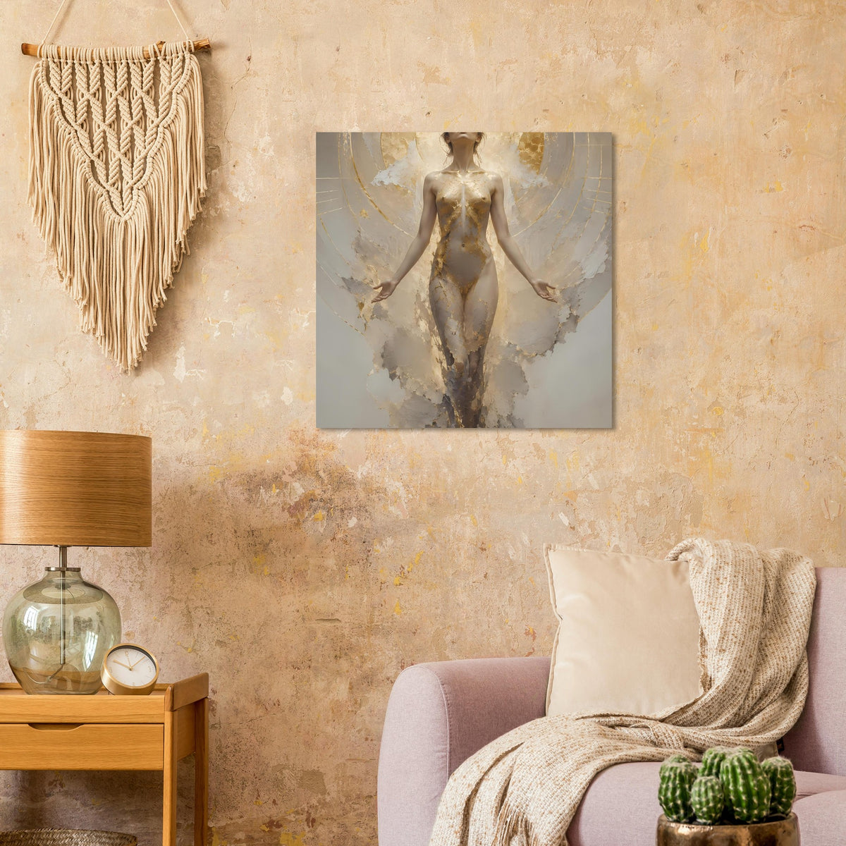 Poster mit Akt-Figur schwebend, cremegoldene Farbtöne, dekorative Schwingenoptik