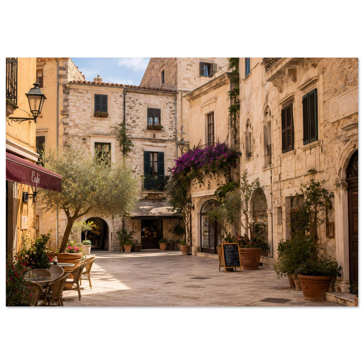Poster mit mediterraner Altstadtgasse und Café-Terrassen, horizontal