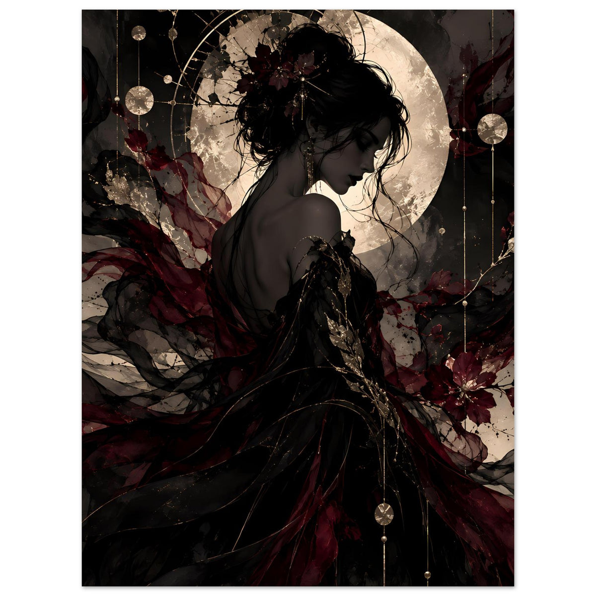 Poster im Hochformat: Dunkle Frauensilhouette mit goldenen Ketten, Mond und burgunderrote Akzente