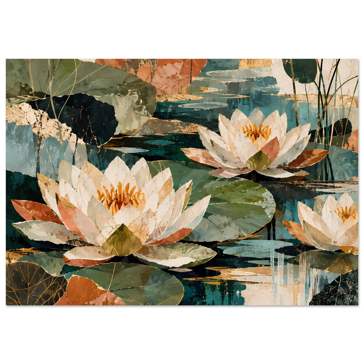 Horizontales botanisches Poster mit weißen Seerosenblüten, goldenen Staubgefäßen und grün-braunen Blättern