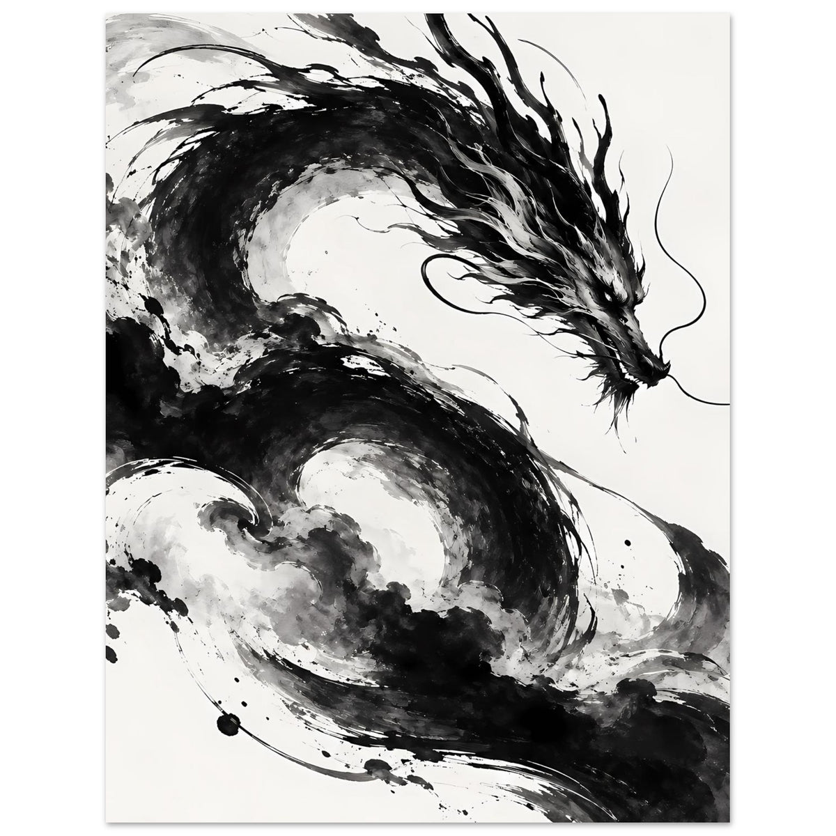Drachenkunst-Poster im Schwarz-Weiß, vertikal: Kopf und Flammenlinien des Drachen im Fokus