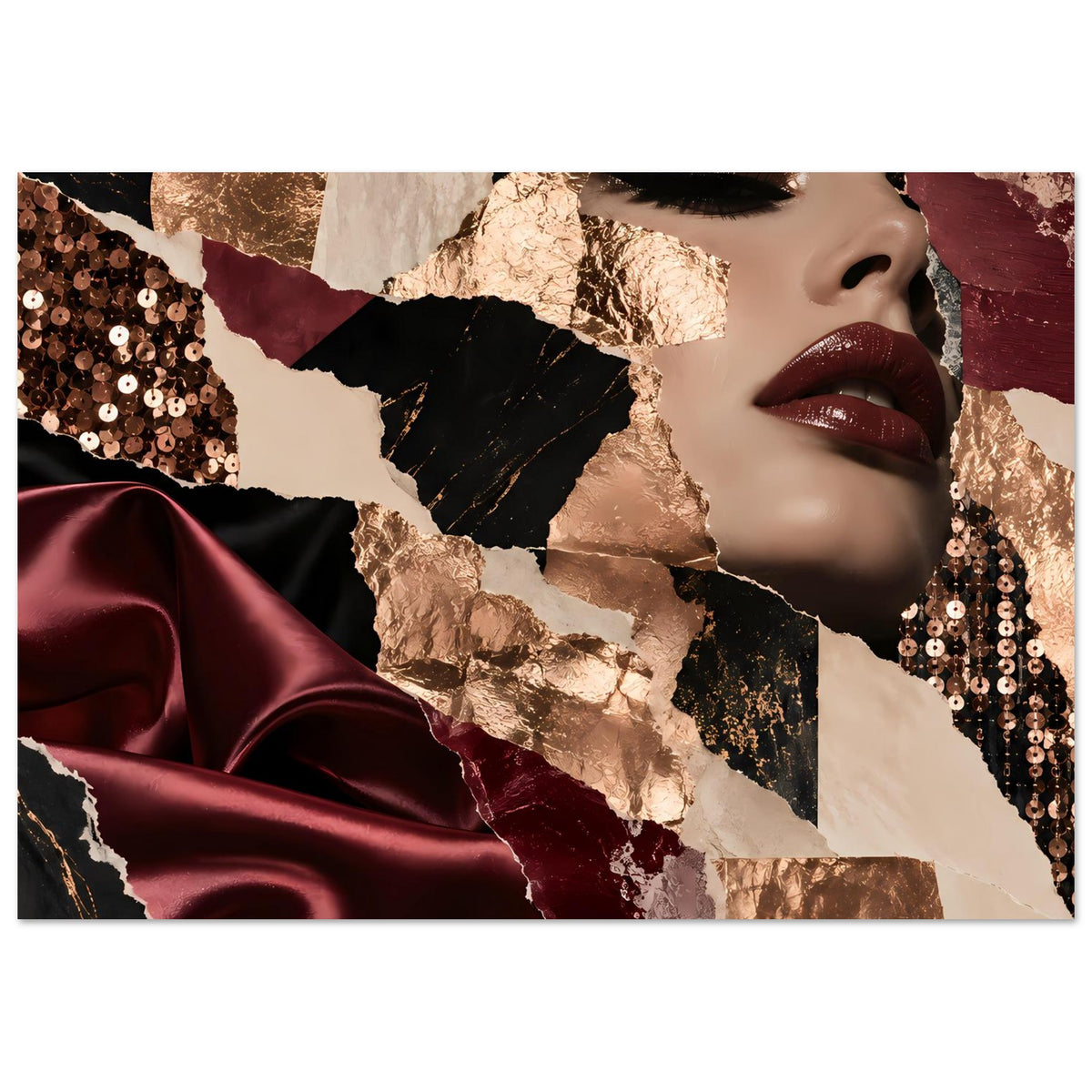 Fashion-Collage-Poster mit Porträt, bordeaux Satin, Goldfolien und Pailletten rechts