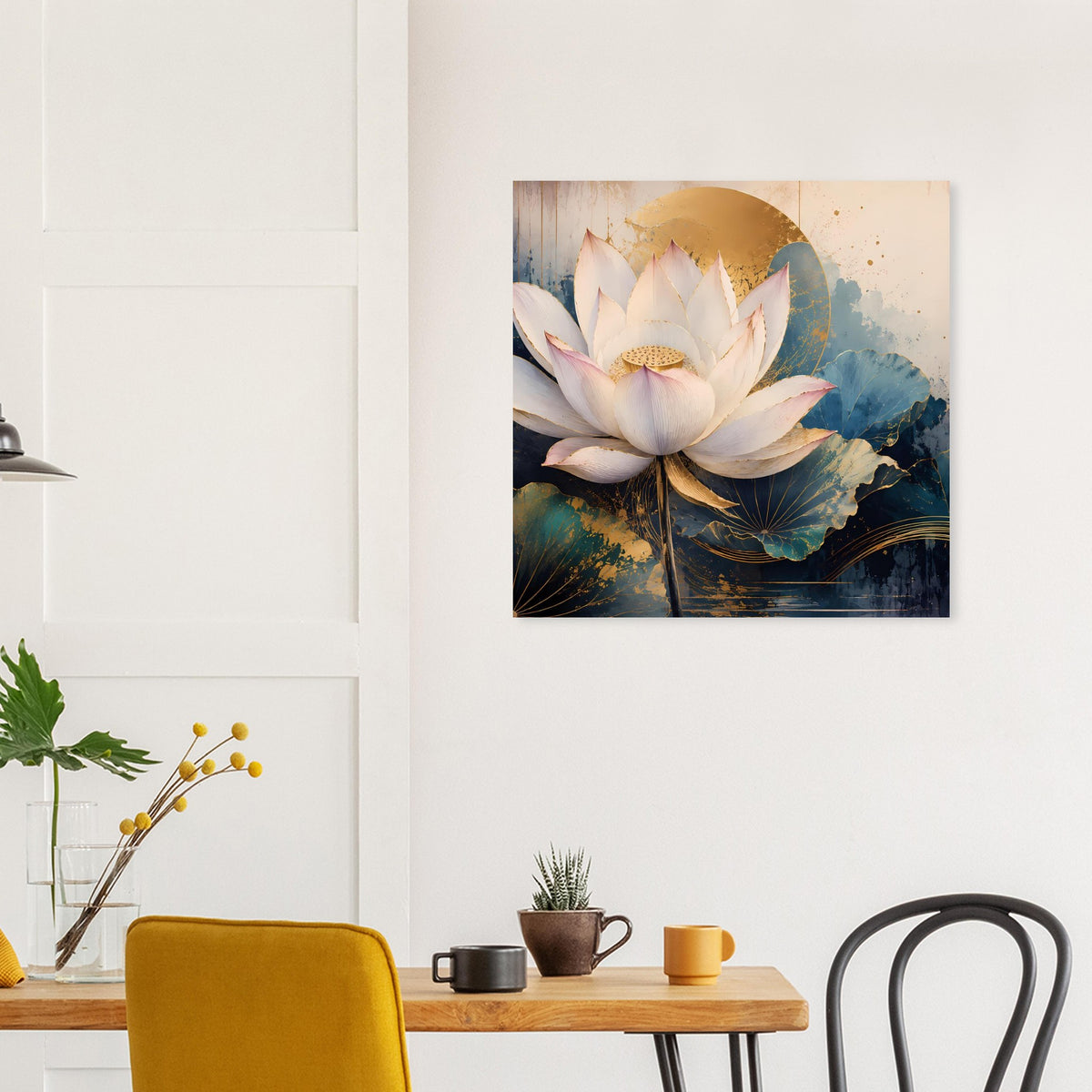 Premium-Poster mit weißen Lotusblüten, goldener Kreisfläche und blaugrünem Strudel