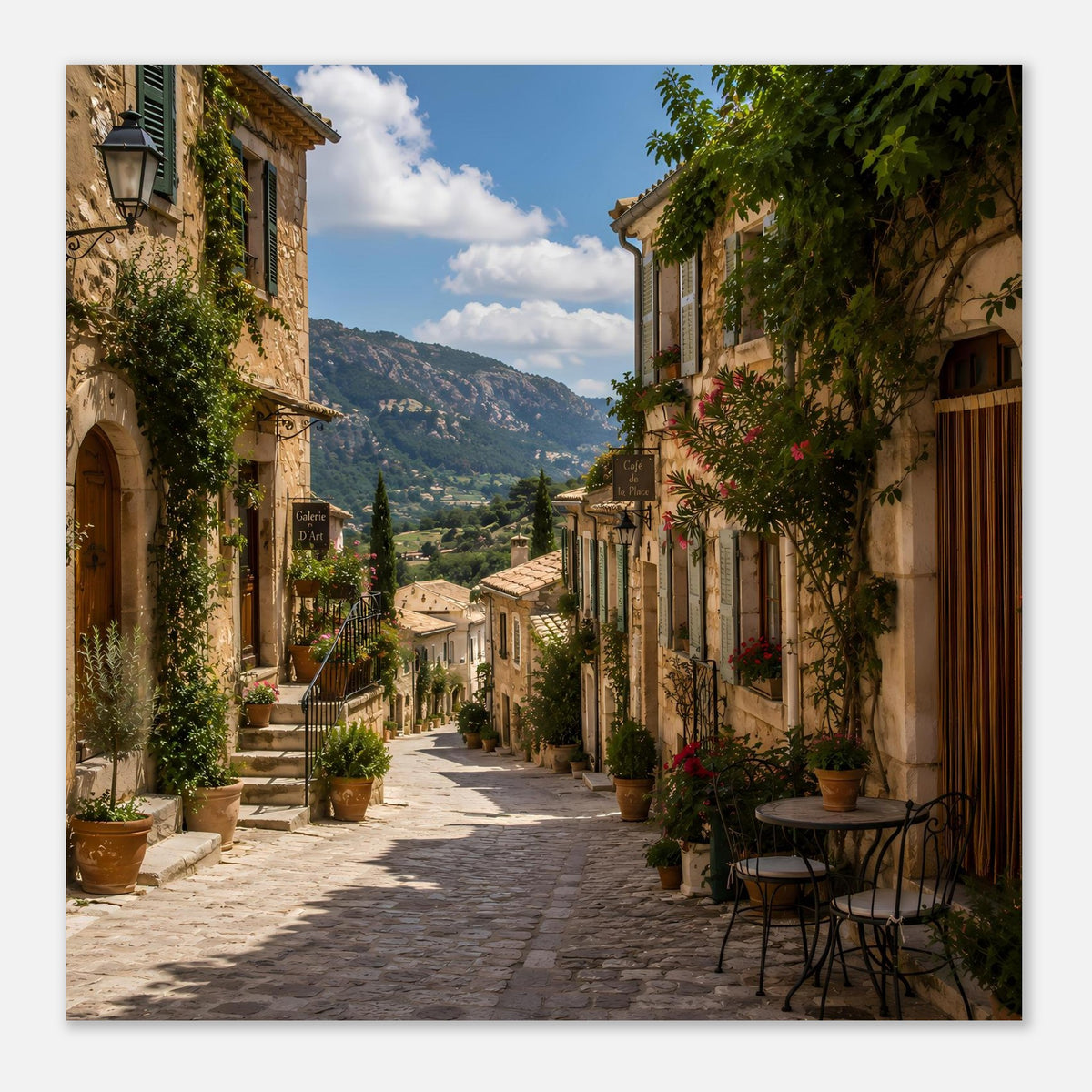 Mediterranes Poster mit breiter Straßensicht, Blumentöpfen, Tisch und Bergkulisse