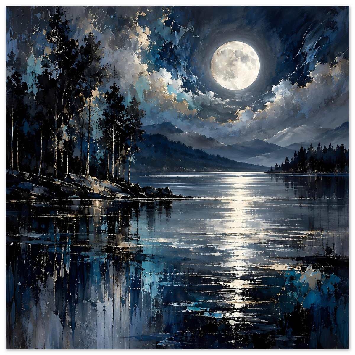 Landschaftsposter: Mondlicht über dem See, klare Reflexionen und dunkler Wald am linken Rand.