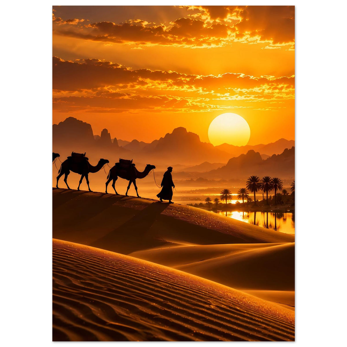 Poster im Hochformat mit langer Karawane auf dem Kamm der Dünen bei Sonnenuntergang