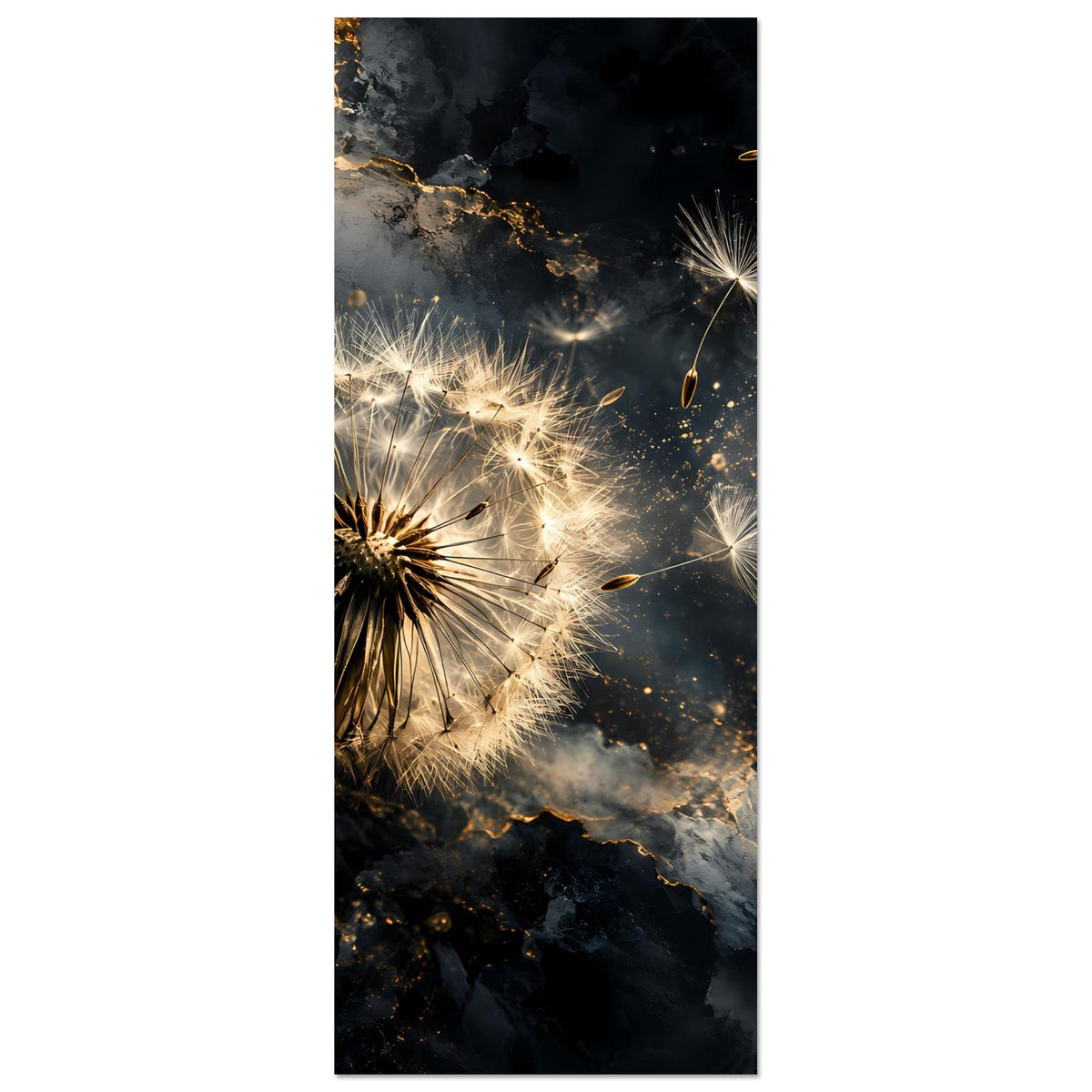 Mattes Poster hochkant mit Pusteblume im Goldglanz und Lichtfäden
