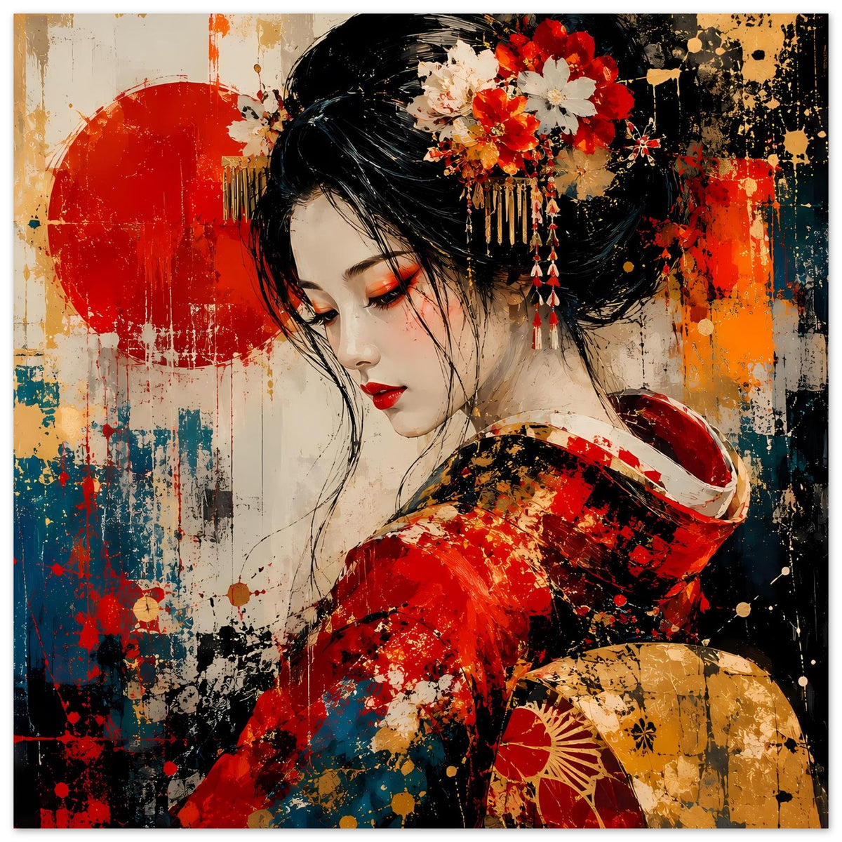 Poster: Geisha im roten Kimono mit goldenen Akzenten, schwarzes Haar und bunte Blüten.