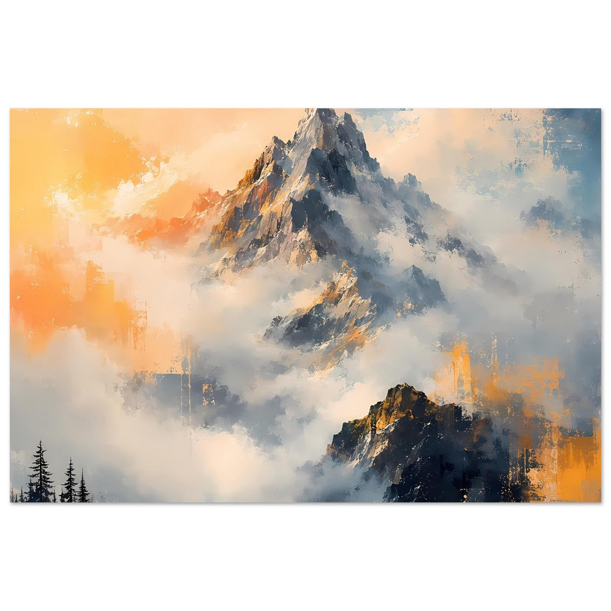 Wandposter mit schneidig wirkenden Bergen, orangefarbener Himmel, blau-grauer Dunst